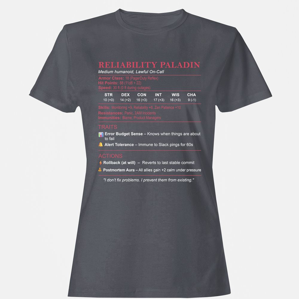 SRE Stats (Reliability Paladin) Women's T-Shirt - Dark Heather - 5