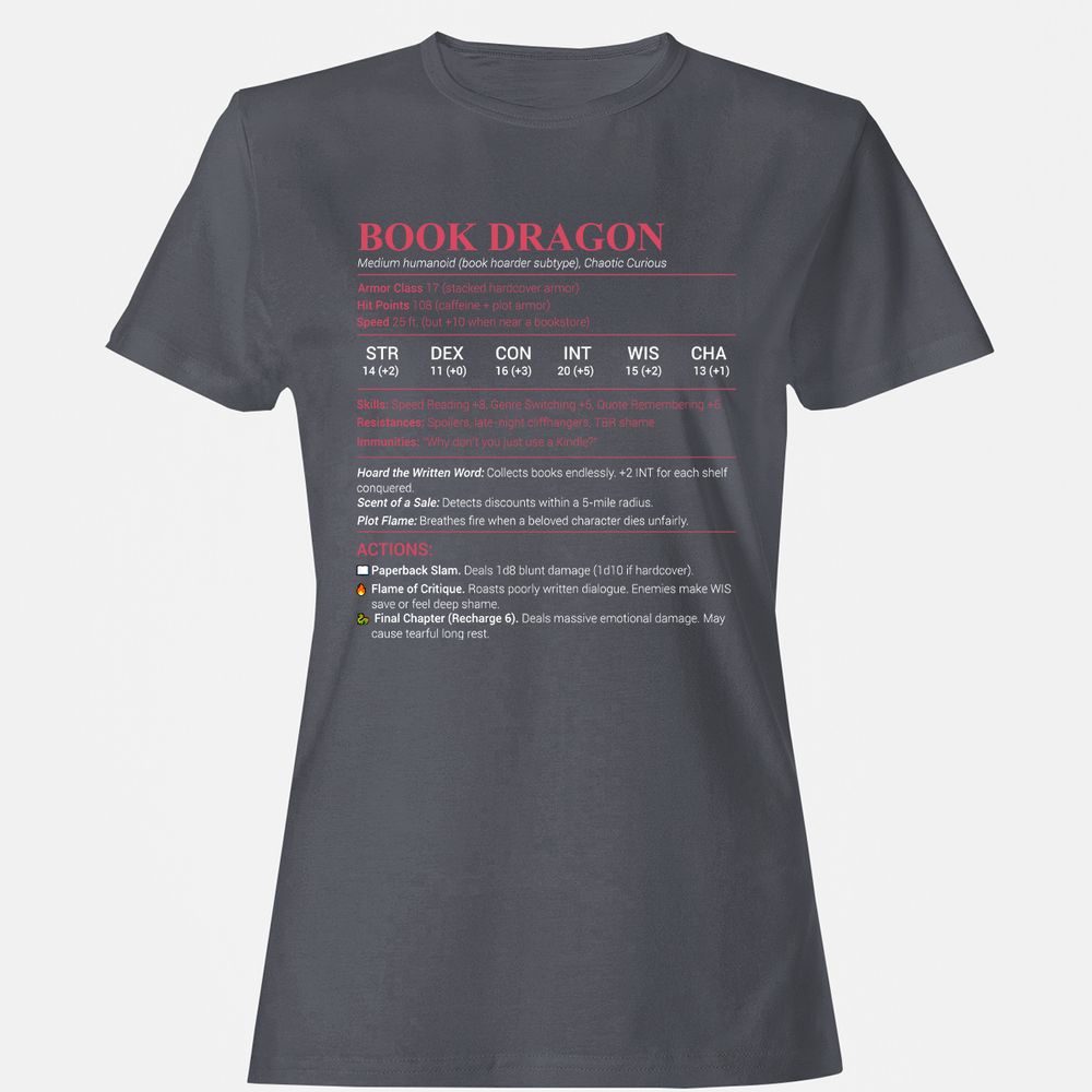 Book Dragon Stats Women's T-Shirt - Dark Heather - 5