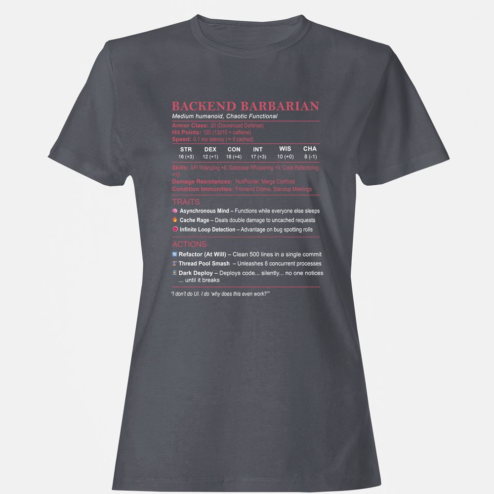 Backend Barbarian Stats Women's T-Shirt - Dark Heather - 5