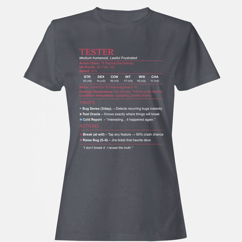 Tester Stats Women's T-Shirt - Dark Heather - 5