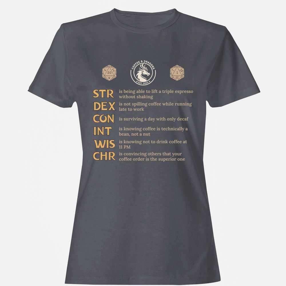 Coffee & Dragons RPG Stats Women's T-Shirt - Dark Heather - 5