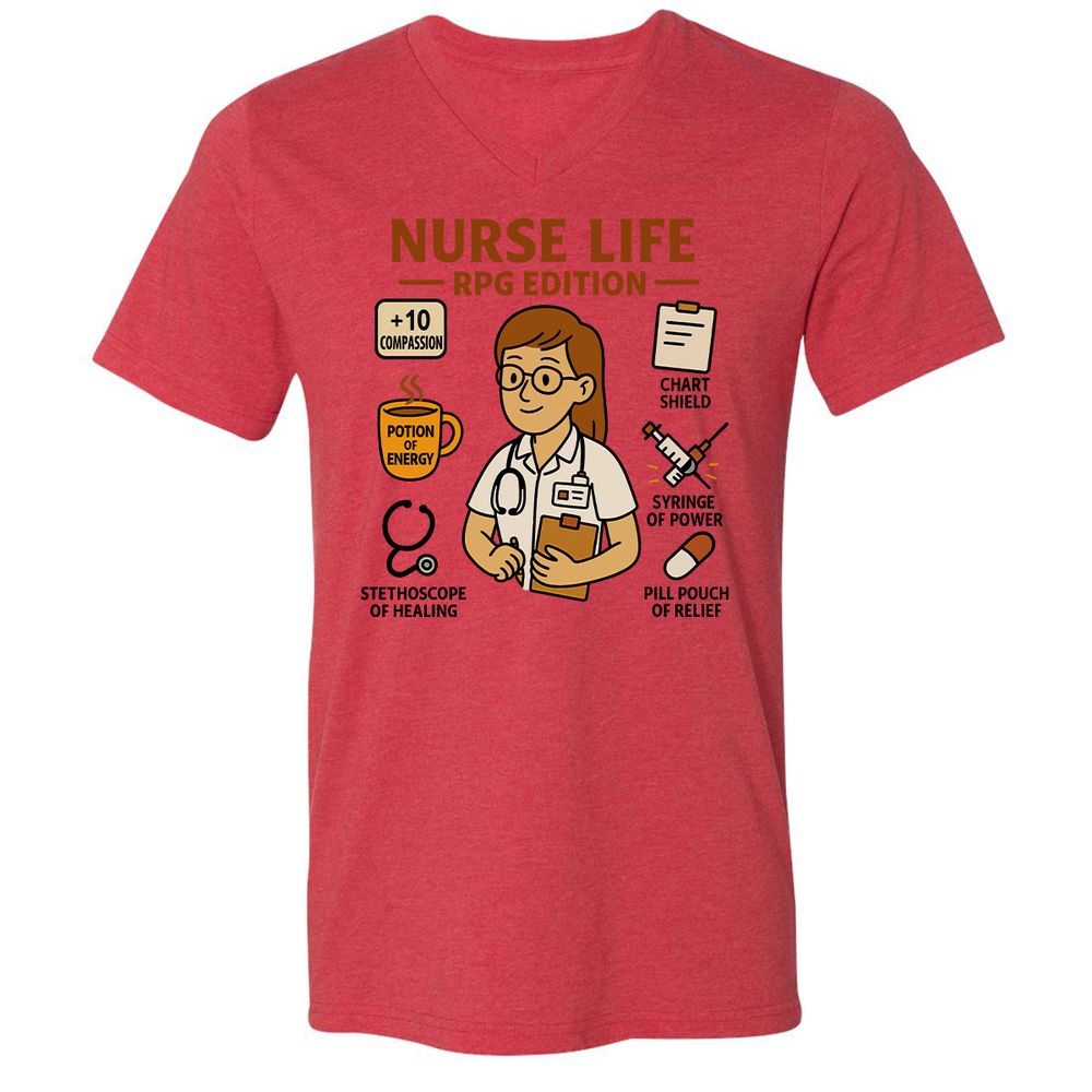 Nurse Life RPG Edition Unisex V-Neck T-Shirt - Heather Red - 5