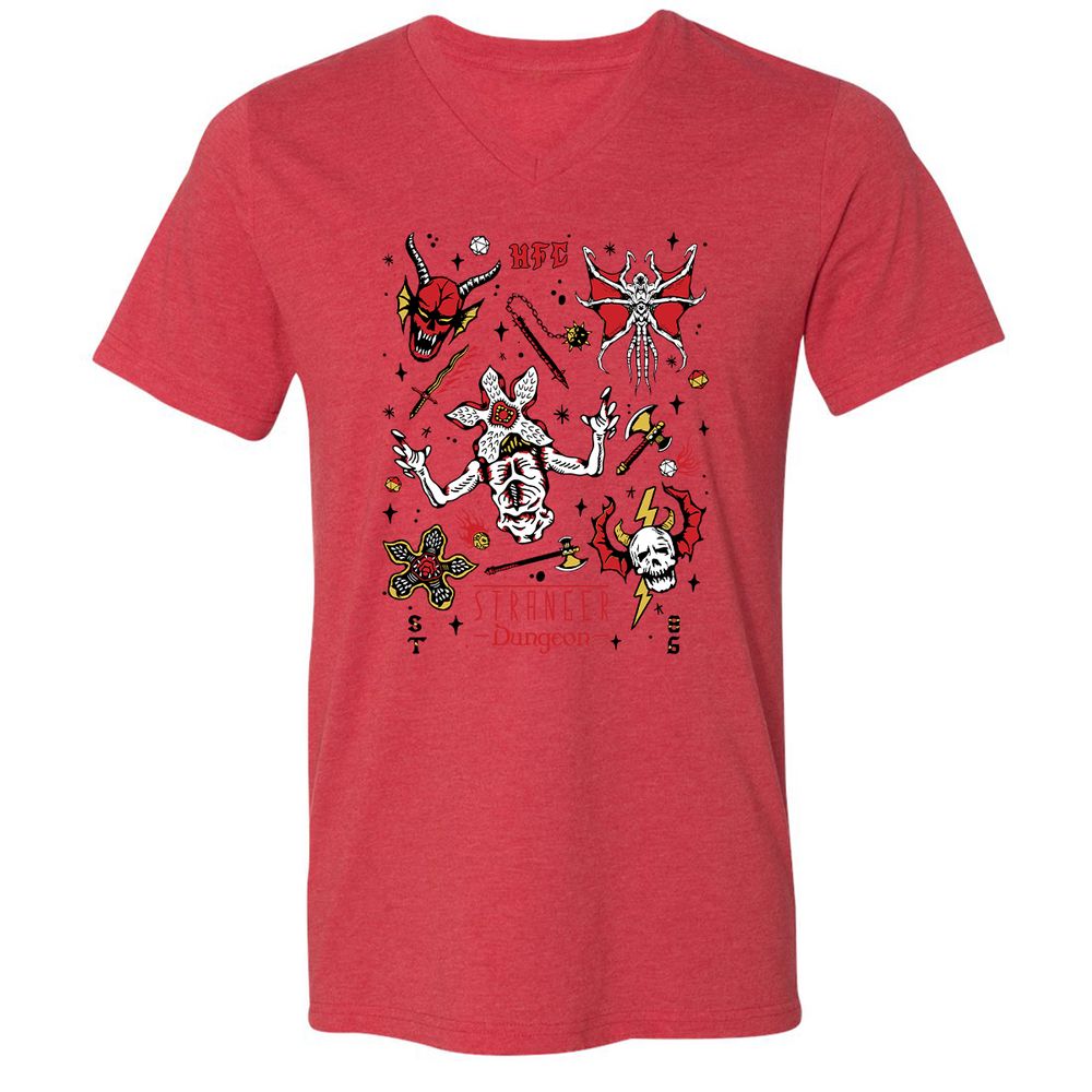 STRANGER DUNGEON Unisex V-Neck T-Shirt - Heather Red - 5