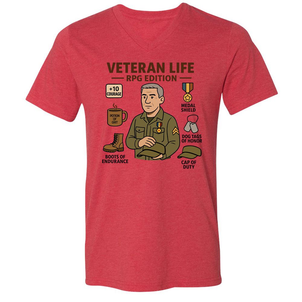 Veteran Life RPG Edition Unisex V-Neck T-Shirt - Heather Red - 5