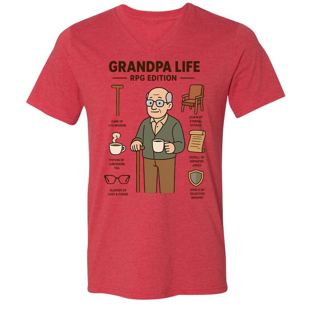 Grandpa Life RPG Edition Unisex V-Neck T-Shirt - Heather Red - 5
