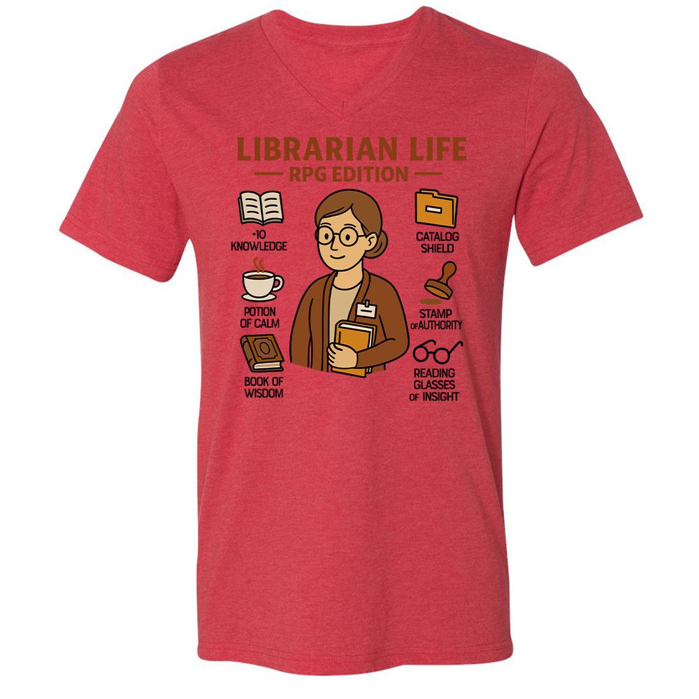Librarian Life RPG Edition Unisex V-Neck T-Shirt - Heather Red - 5