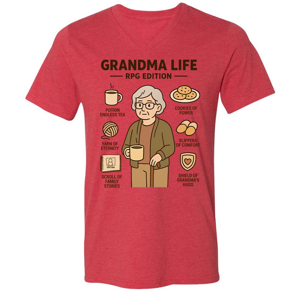 Grandma Life RPG Edition Unisex V-Neck T-Shirt - Heather Red - 5