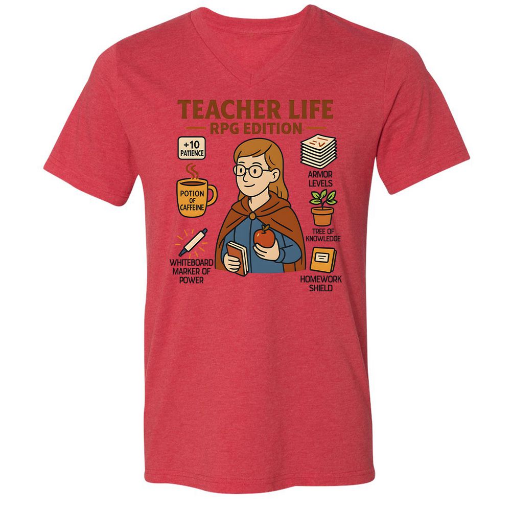 Teacher Life RPG Edition Unisex V-Neck T-Shirt - Heather Red - 5