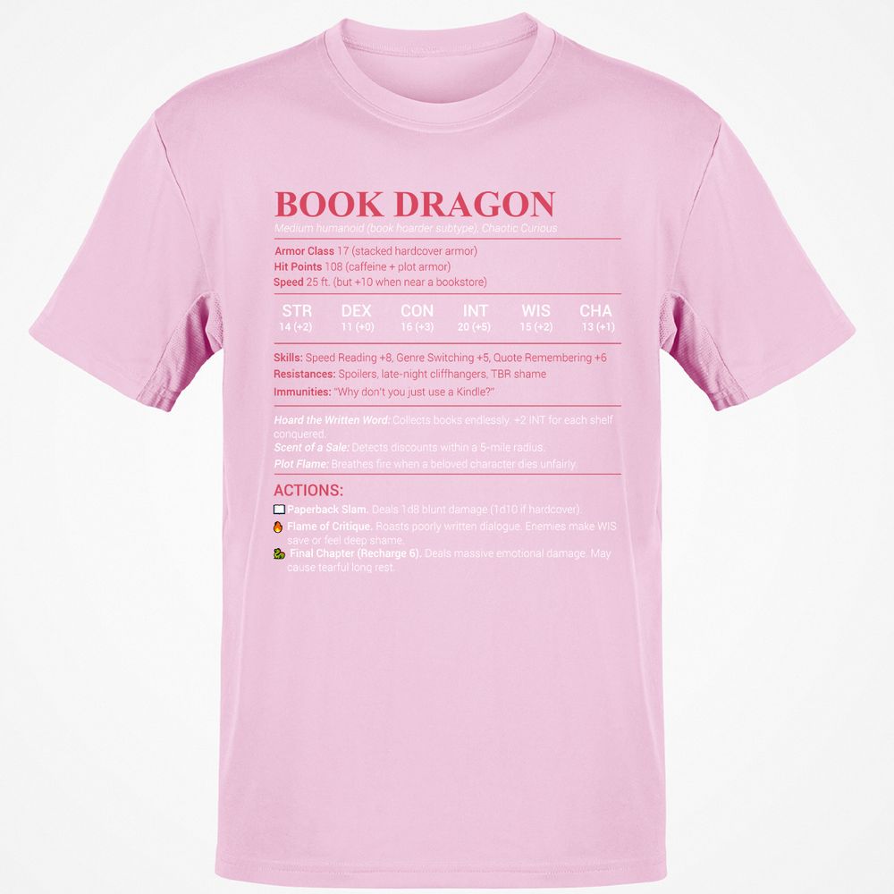 Book Dragon Stats Classic Unisex T-Shirt - Light Pink - 5