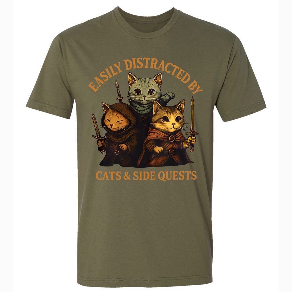 Easily Distracted By Cats & Side Quests Premium Unisex T-Shirt - Military Green - 5