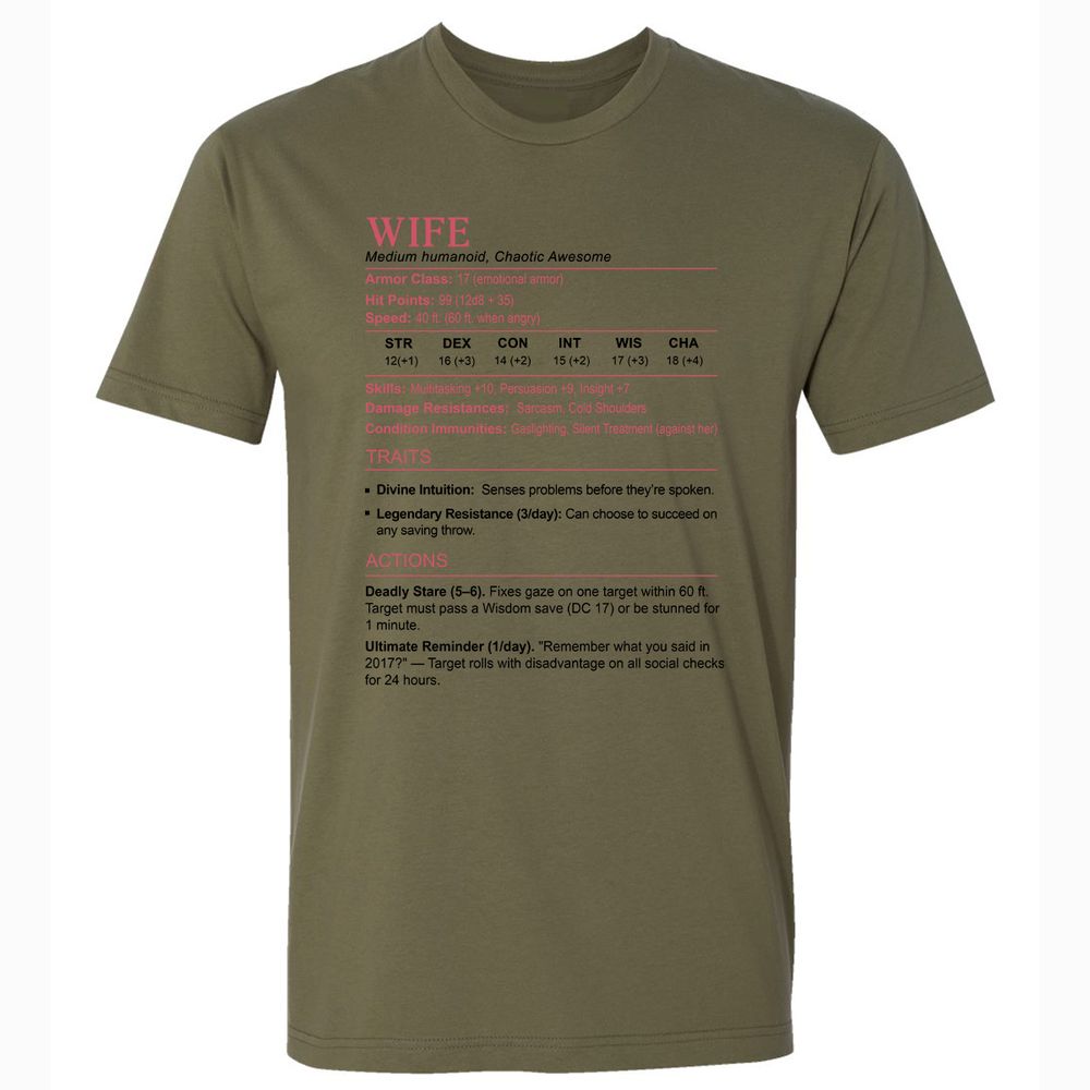 Wife Stats 2 Premium Unisex T-Shirt - Military Green - 5