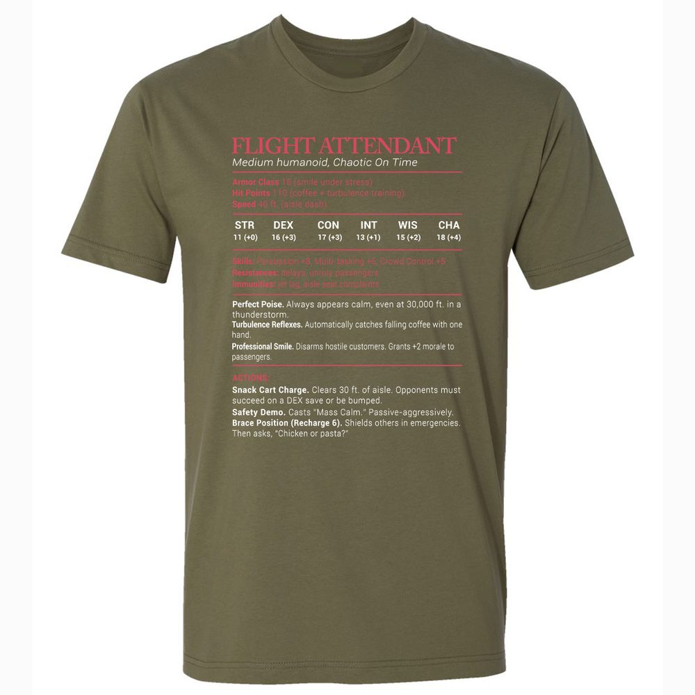 Flight Attendant Stats Premium Unisex T-Shirt - Military Green - 5
