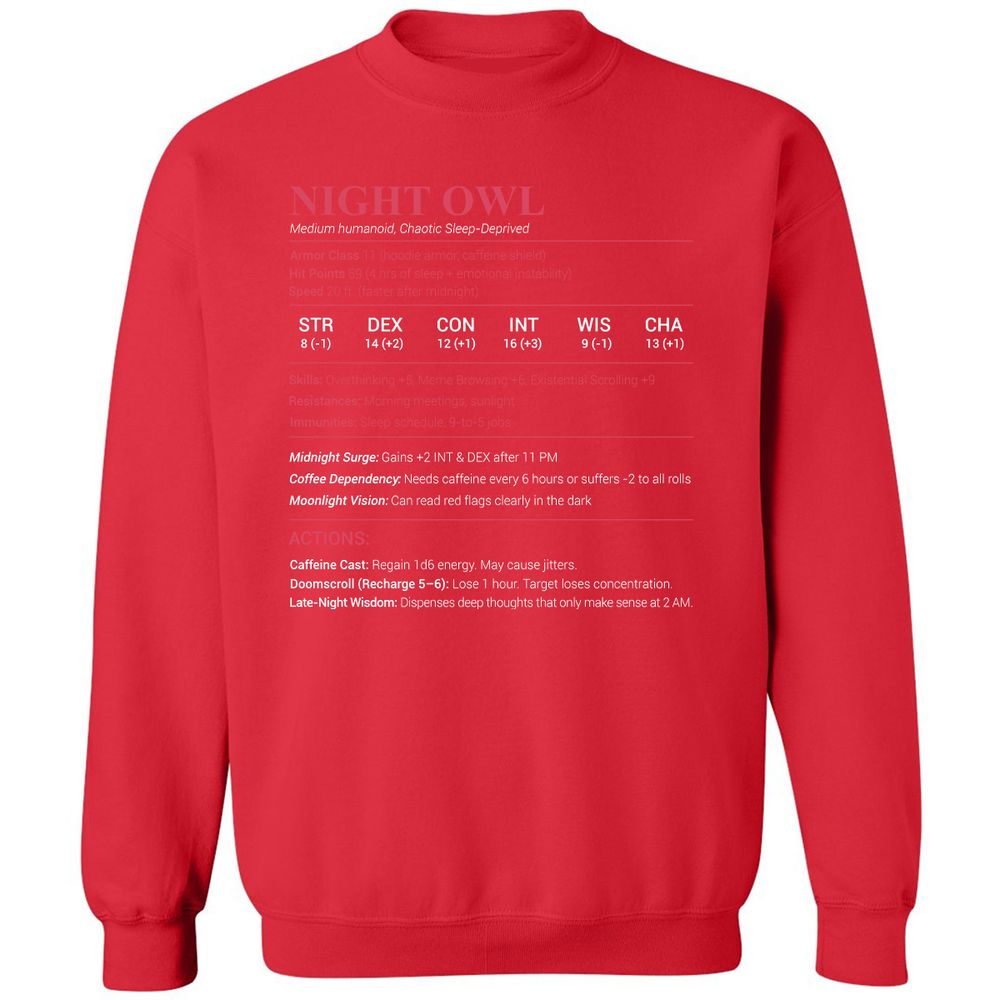 Night Owl Stats Classic Unisex Sweatshirt - Red - 5
