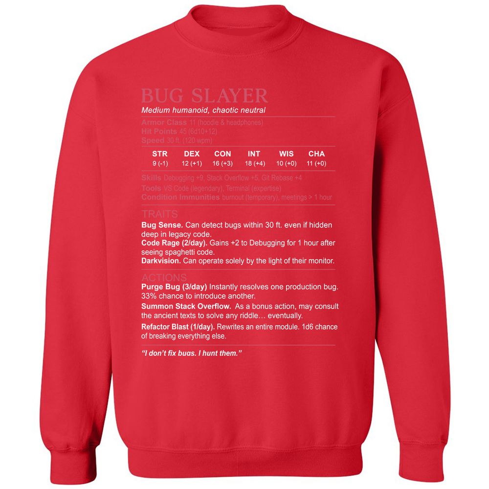 Software Engineer Stats (Bug Slayer) Classic Unisex Sweatshirt - Red - 5