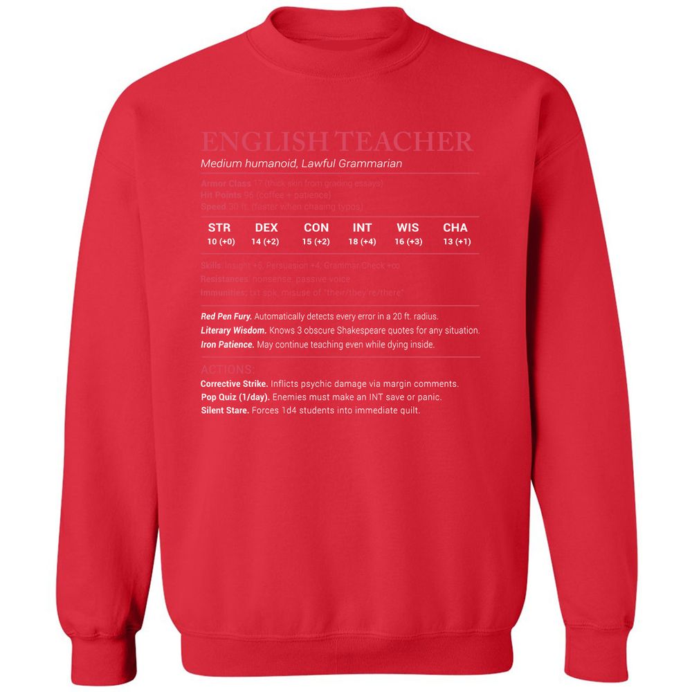 English Teacher Stats Classic Unisex Sweatshirt - Red - 5