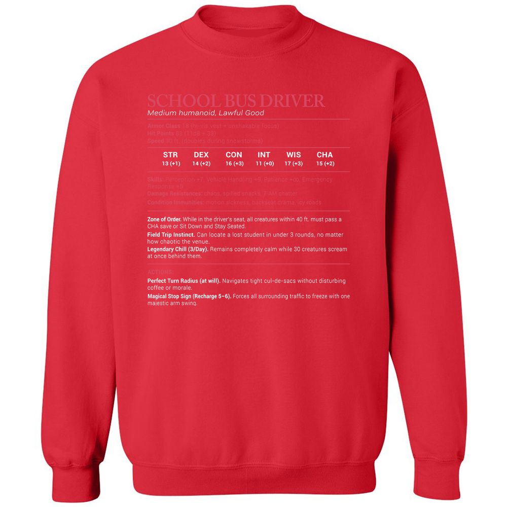 School Bus Driver Stats Classic Unisex Sweatshirt - Red - 5