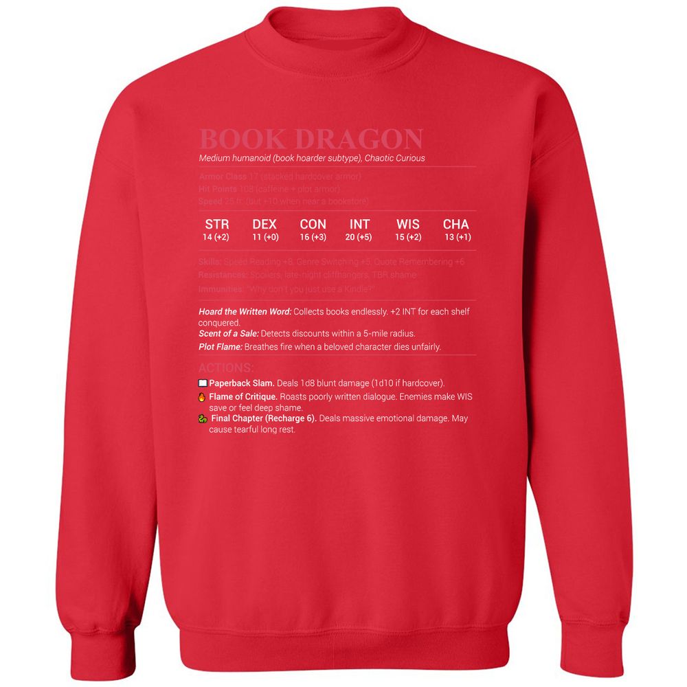 Book Dragon Stats Classic Unisex Sweatshirt - Red - 5