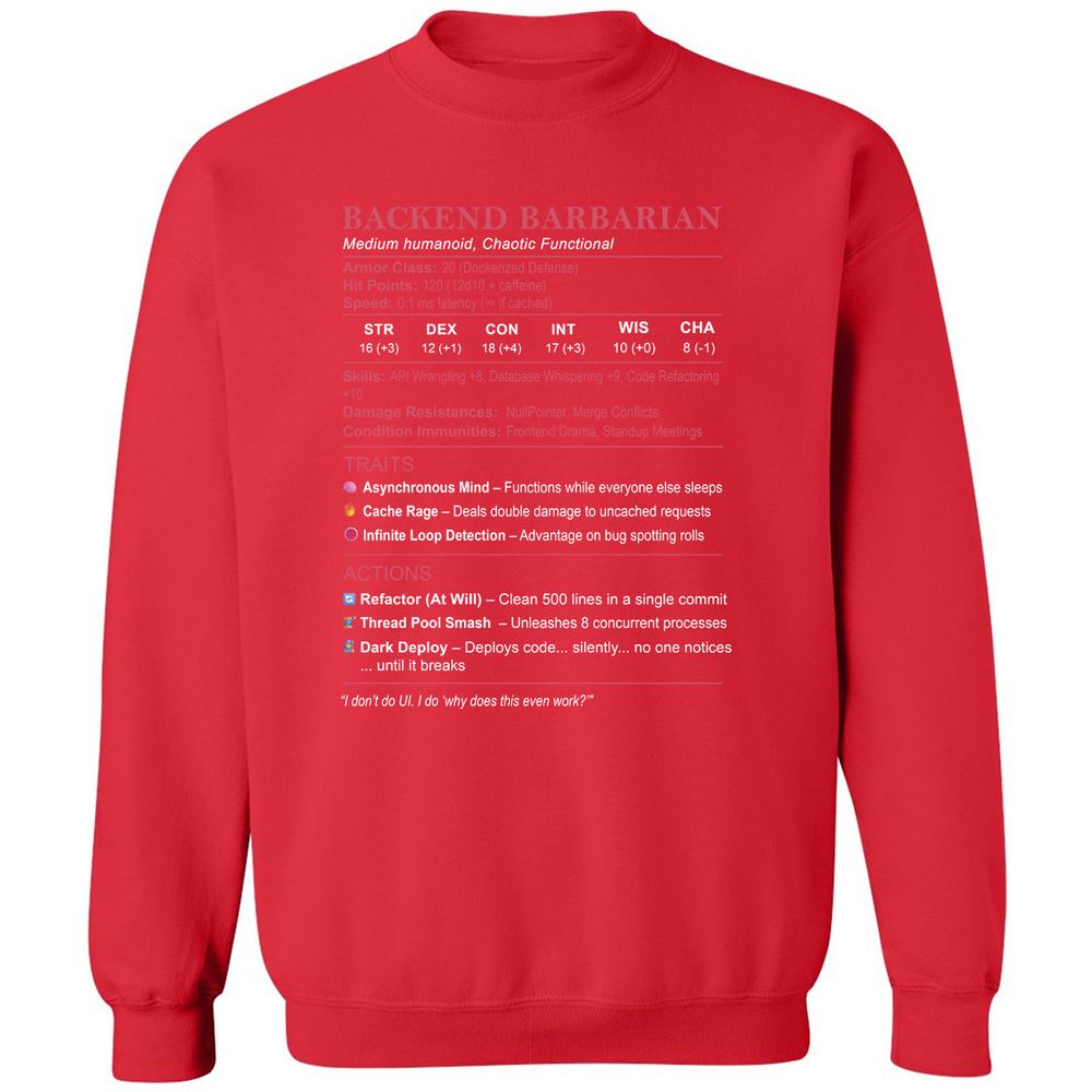 Backend Barbarian Stats Classic Unisex Sweatshirt - Red - 5