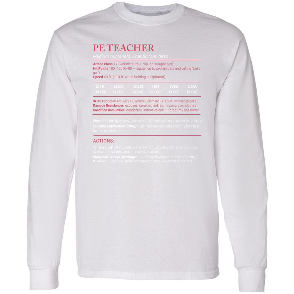 PE Teacher Stats Long Sleeve T-Shirt - White - 5