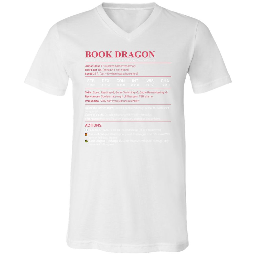 Book Dragon Stats Unisex V-Neck T-Shirt - White - 5
