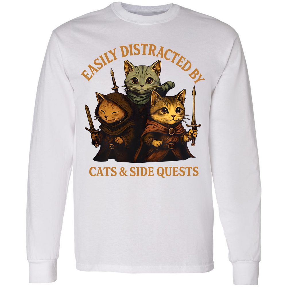 Easily Distracted By Cats & Side Quests Long Sleeve T-Shirt - White - 5