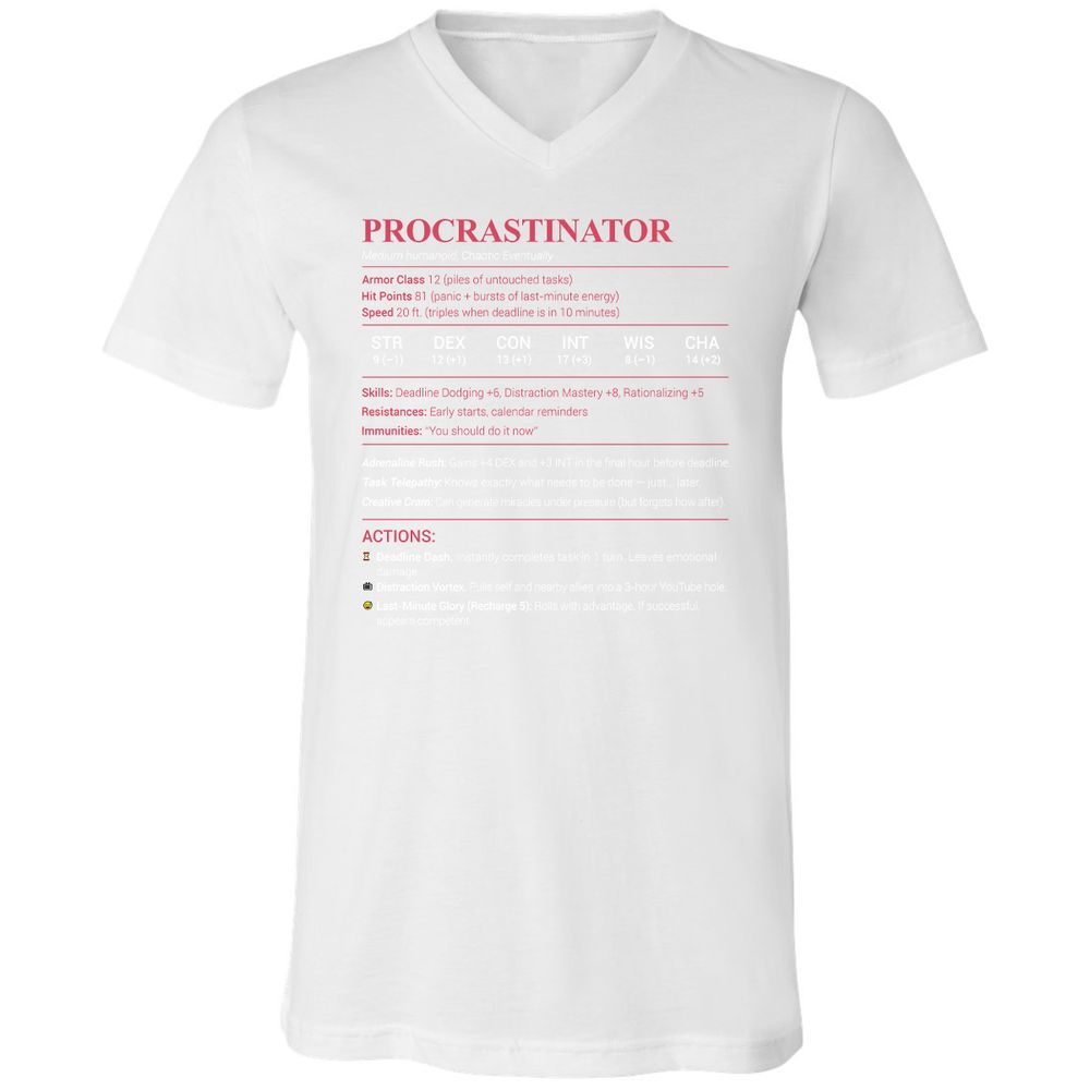 Procrastinator Stats Unisex V-Neck T-Shirt - White - 5