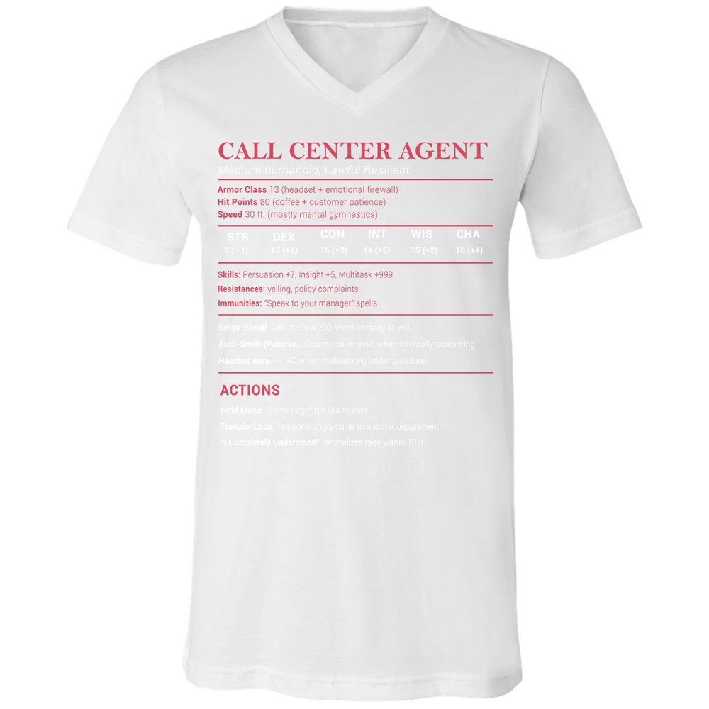 Call Center Agent Stats Unisex V-Neck T-Shirt - White - 5