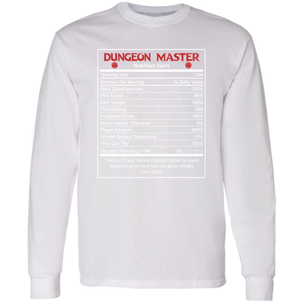 Dungeon Master Nutrition Facts Long Sleeve T-Shirt - White - 5