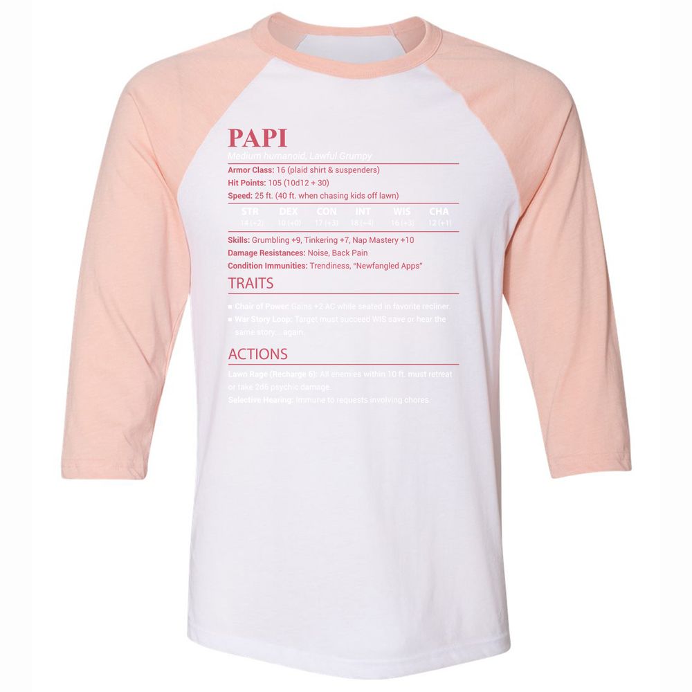 Papi Stats Unisex 3/4 Baseball Tee - White/Heather Peach - 5