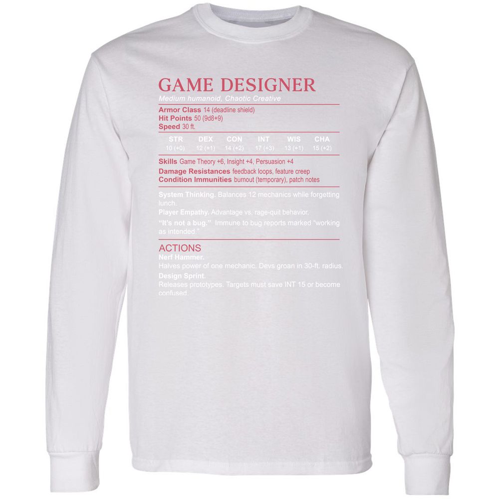 Game Designer Stats Long Sleeve T-Shirt - White - 5