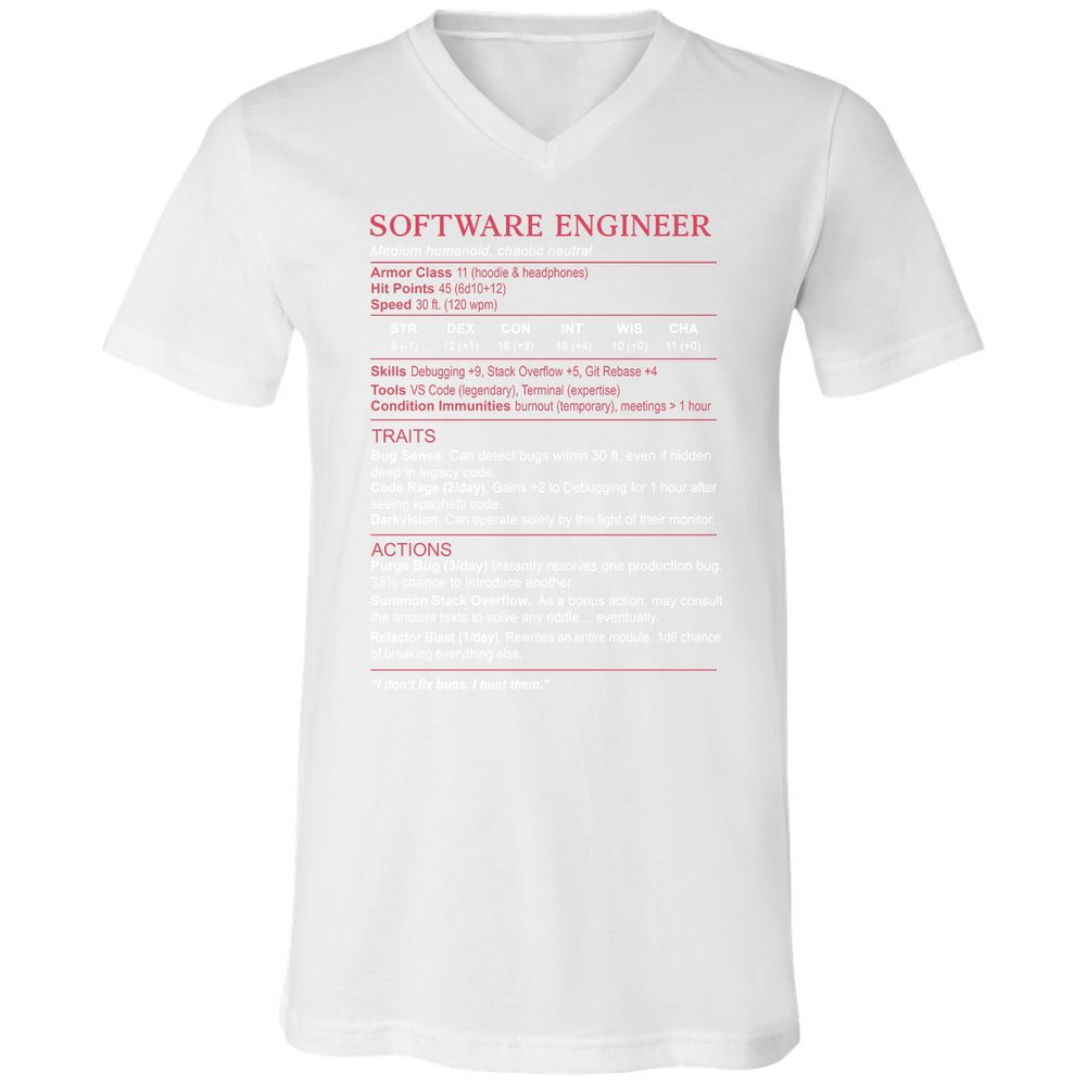 Software Engineer Stats Unisex V-Neck T-Shirt - White - 5
