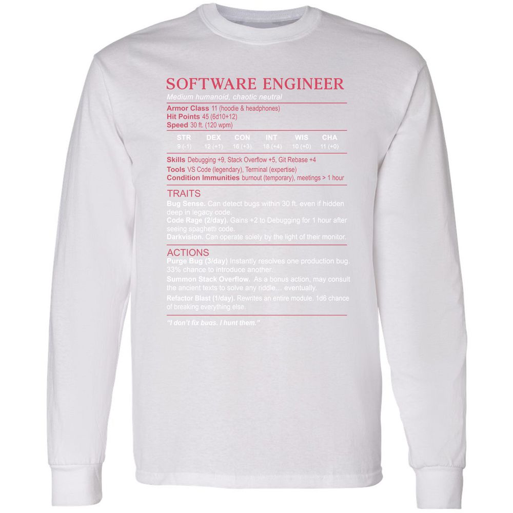 Software Engineer Stats Long Sleeve T-Shirt - White - 5