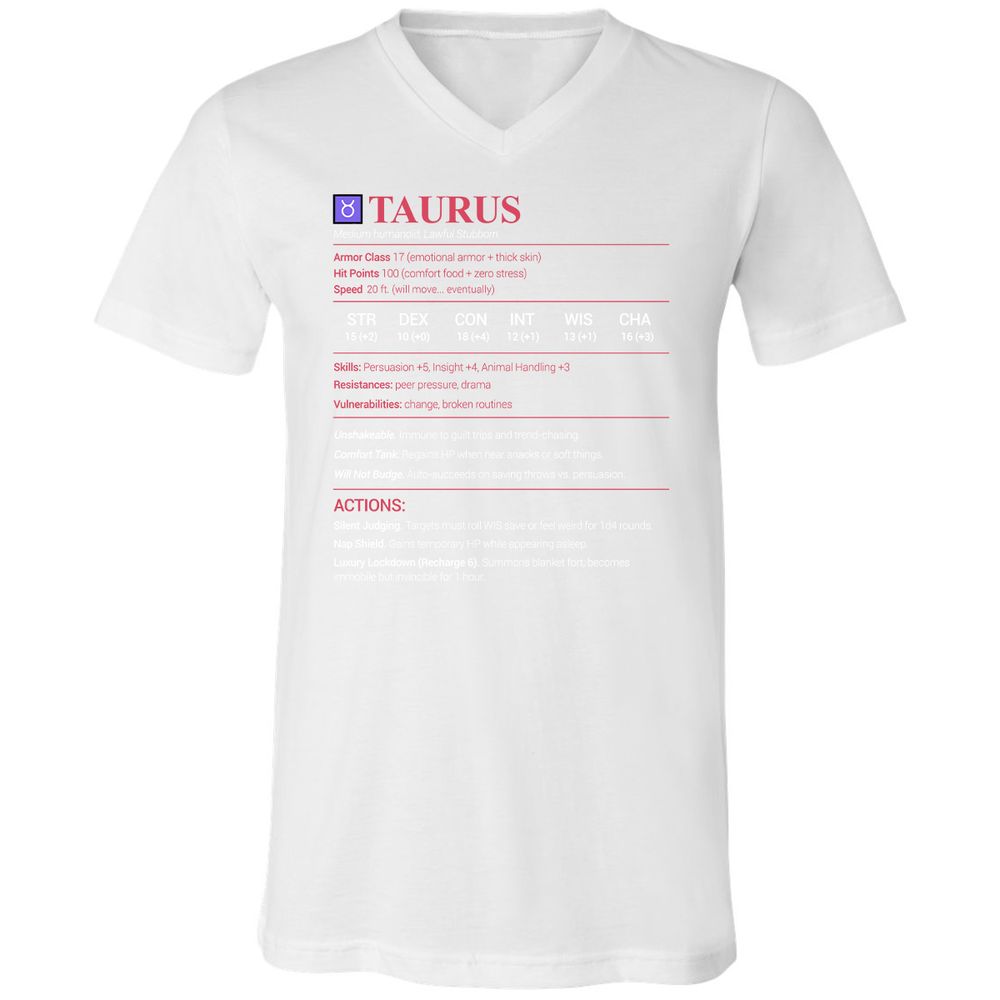 Taurus Stats Unisex V-Neck T-Shirt - White - 5