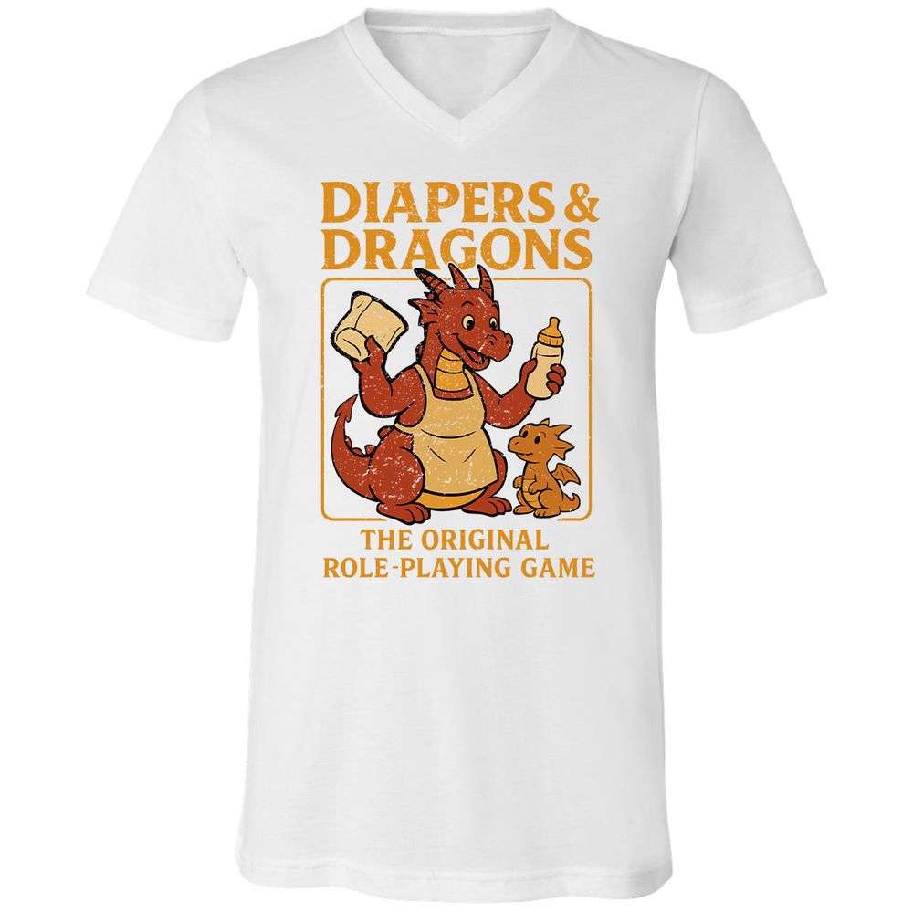 Diapers & Dragons Unisex V-Neck T-Shirt - White - 5