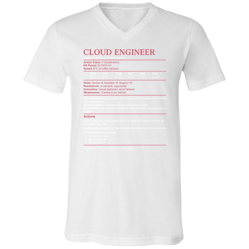 Cloud Engineer Stats Unisex V-Neck T-Shirt - White - 5
