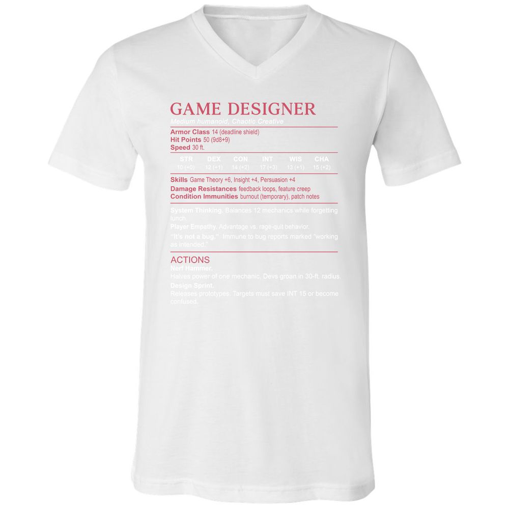 Game Designer Stats Unisex V-Neck T-Shirt - White - 5