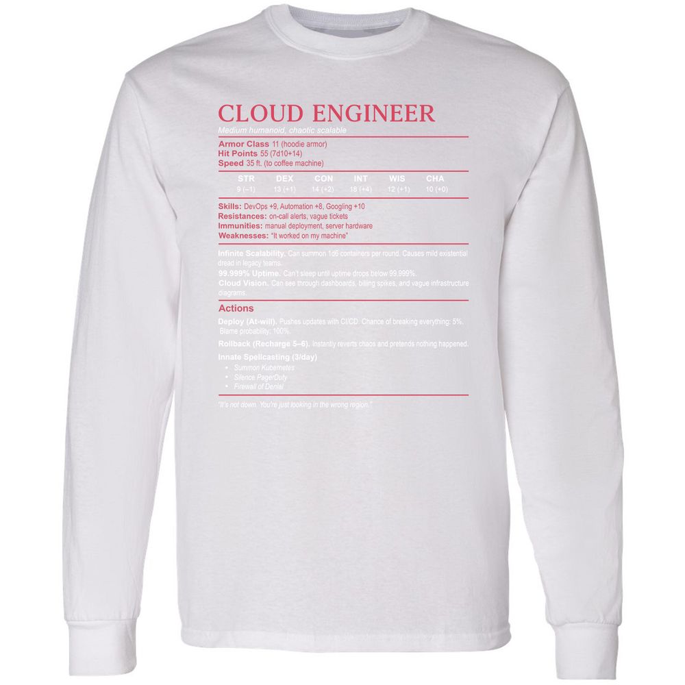 Cloud Engineer Stats Long Sleeve T-Shirt - White - 5