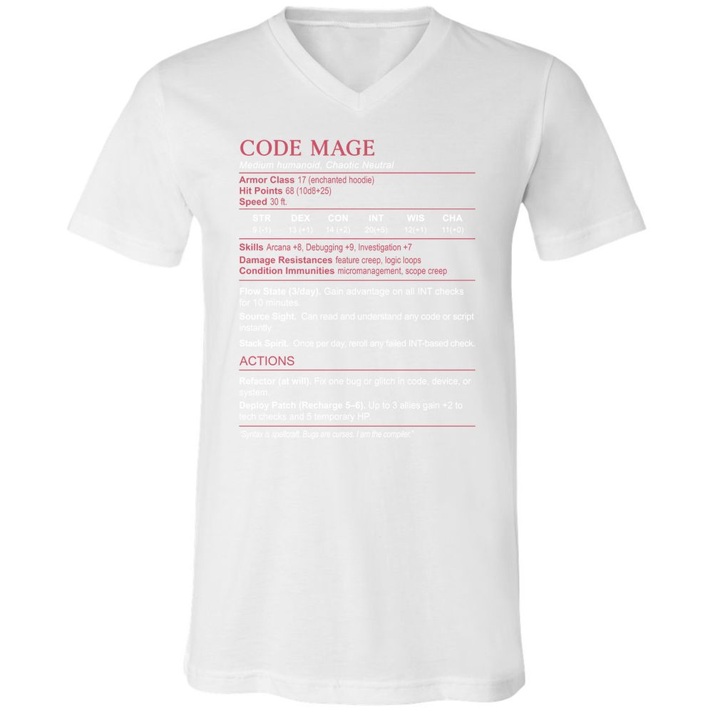 Code Mage Stats Unisex V-Neck T-Shirt - White - 5