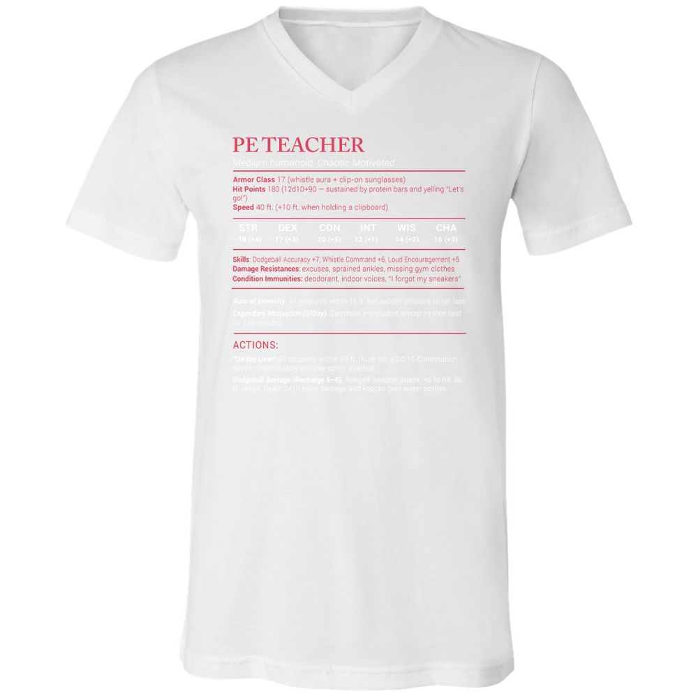 PE Teacher Stats Unisex V-Neck T-Shirt - White - 5