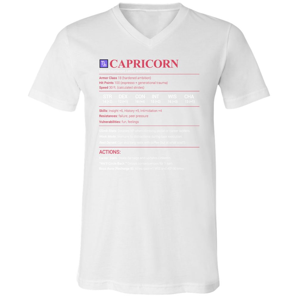 Capricorn Stats Unisex V-Neck T-Shirt - White - 5