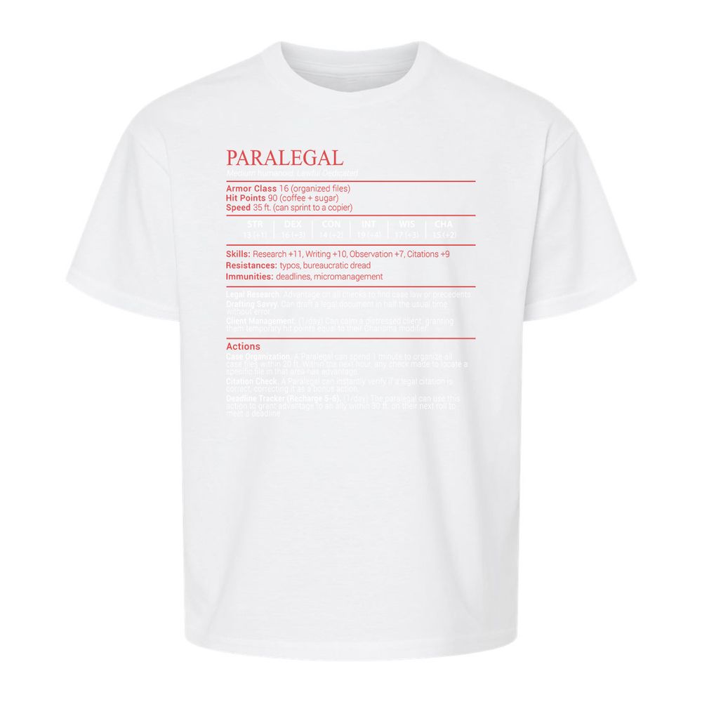 Paralegal Stats Block Kids T-Shirt - White - 5