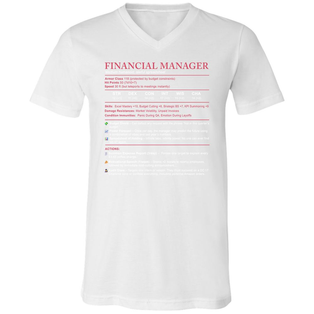 Financial Manager Stats Unisex V-Neck T-Shirt - White - 5