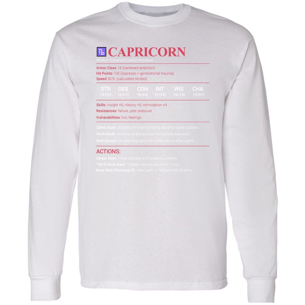 Capricorn Stats Long Sleeve T-Shirt - White - 5