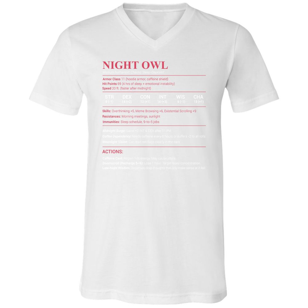 Night Owl Stats Unisex V-Neck T-Shirt - White - 5