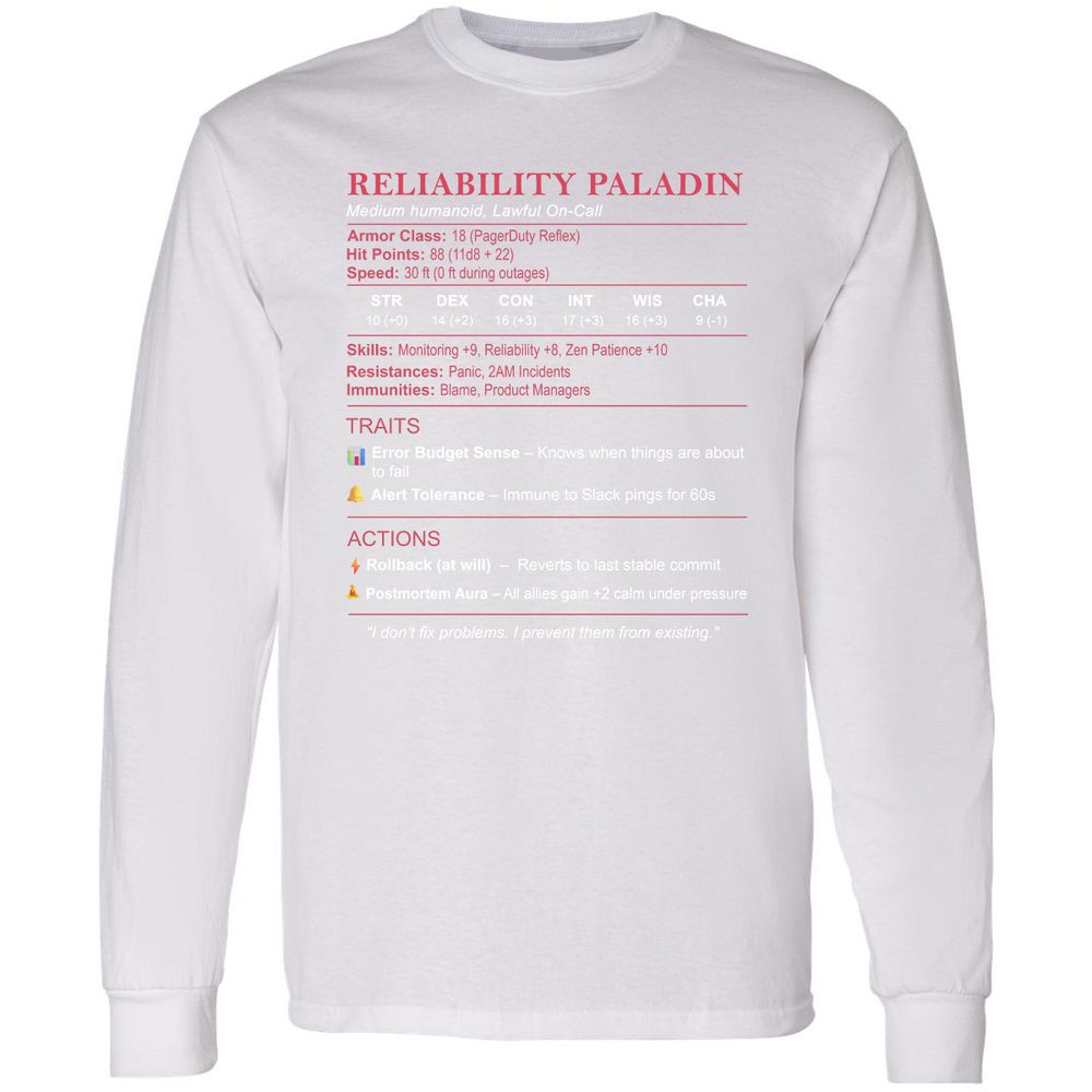 SRE Stats (Reliability Paladin) Long Sleeve T-Shirt - White - 5