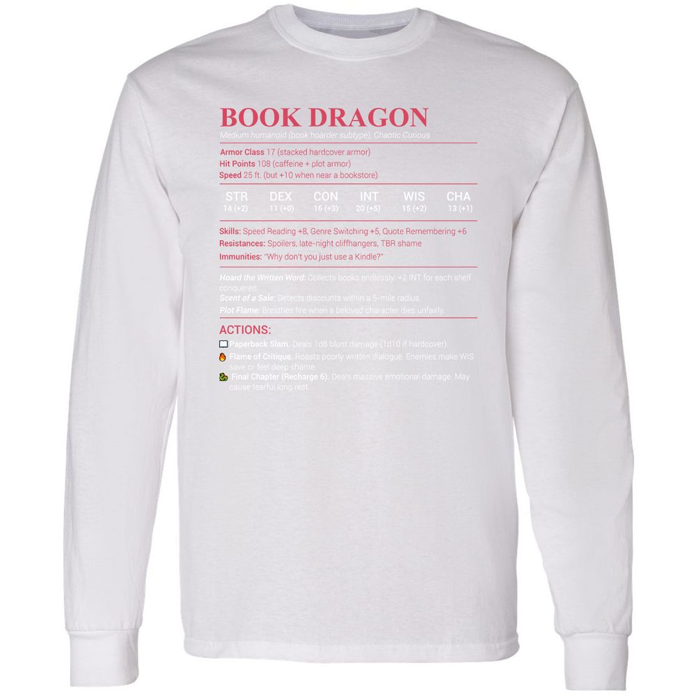Book Dragon Stats Long Sleeve T-Shirt - White - 5