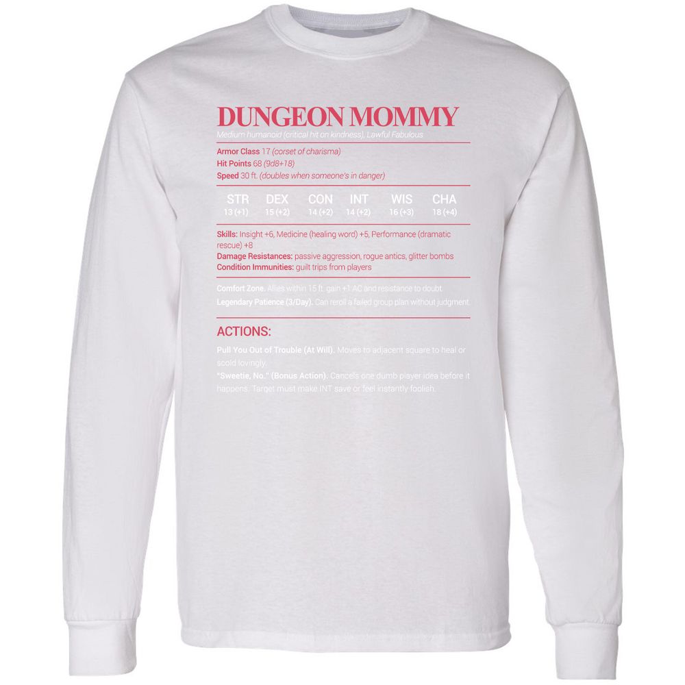 Dungeon Mommy Stats Long Sleeve T-Shirt - White - 5