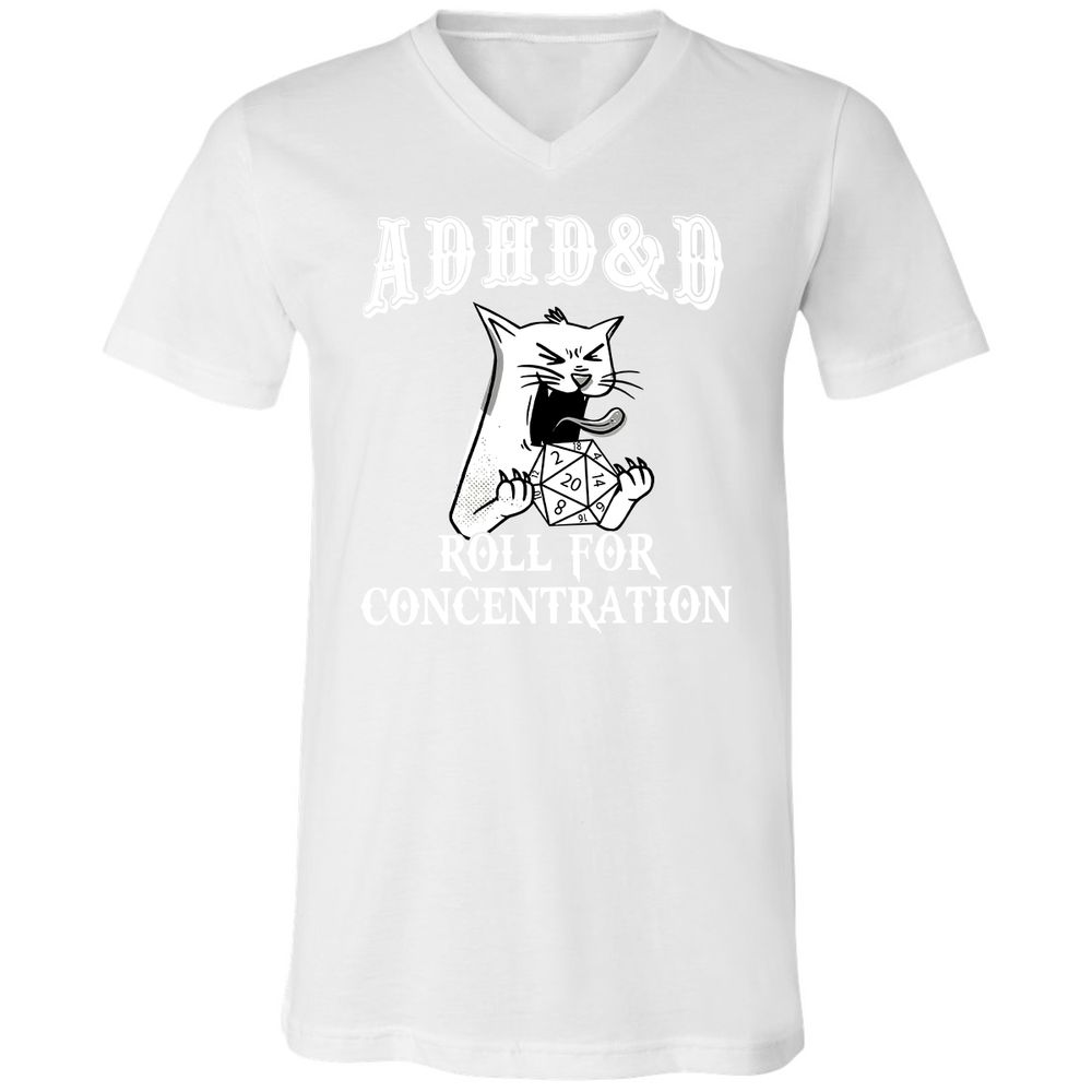 Cat ADHD&D Roll For Concentration Unisex V-Neck T-Shirt - White - 5
