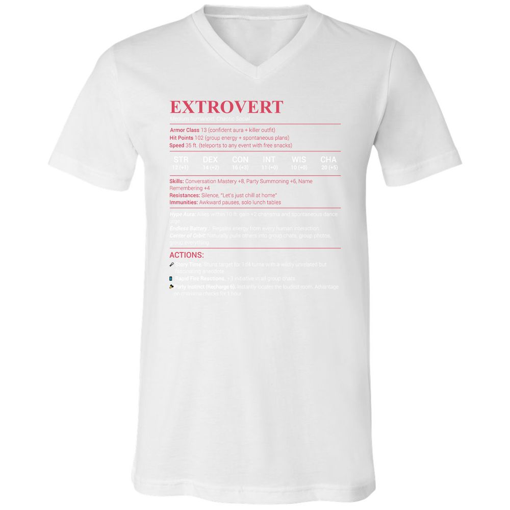 Extrovert Stats Unisex V-Neck T-Shirt - White - 5