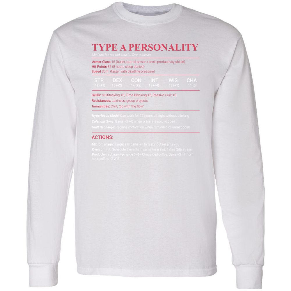 Type A Stats Long Sleeve T-Shirt - White - 5